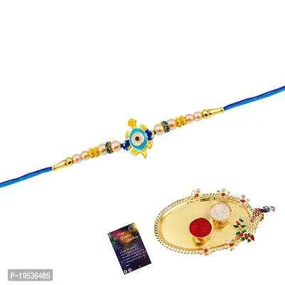Rakhi for Brother Bhai Bhabhi with Roli Chawal and Best Wishes Greeting Card  with Pooja Thali-thumb3