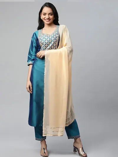 Best Quality !! Embroidery Kurti With Bottom And Dupatta Set