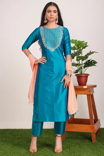 Hot Selling Art Silk Embroidered Kurta Pant Dupatta Set