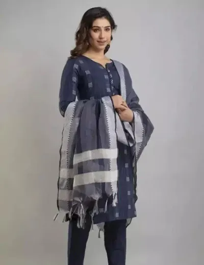 Stylish A-Line Printed Cotton Kurta With Bottom And Dupatta Set