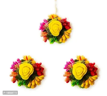 BDS CREATIONS Flower Maang tikka with Earring Set for Wedding (Yellow Multi)-thumb0