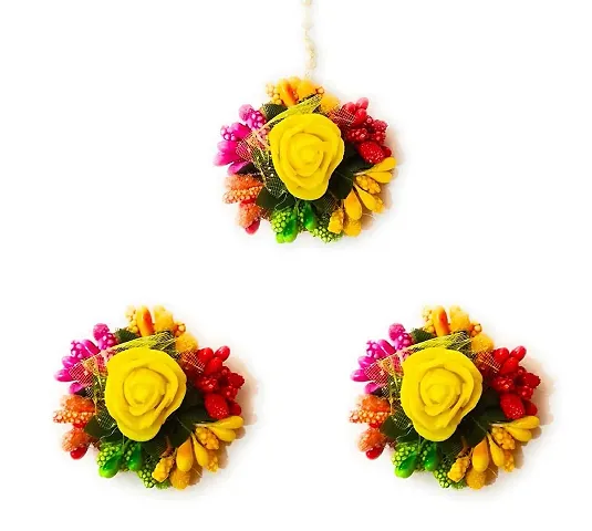 BDS CREATIONS Flower Maang tikka with Earring Set for Wedding (Yellow Multi)