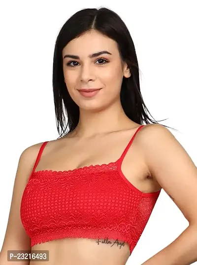 SheBAE Women's Cotton Removable Padded Non-Wired Bralette Bra for Girls with Lace Design, Comfortable Everyday Use Undergarments - Size 32 / Red Color
