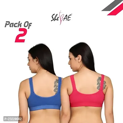 SheBAE Cotton Multicolour Sports Bra Combo for Girls  Women Non-Padded Wire Free (Pack of 2, Cup Size B) (34, Blue+Pink)-thumb2