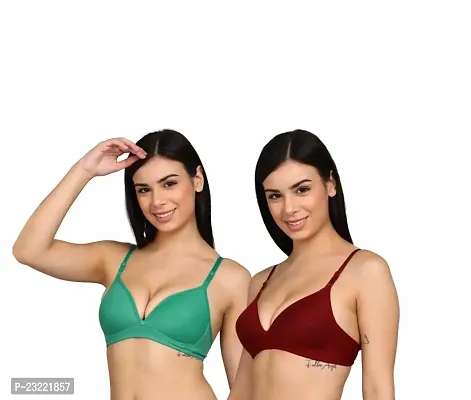 ShrBAE Women's Cotton Padded Wire Free Everyday Bra Combo Pack of 2 (32B, Green+Maroon)-thumb5