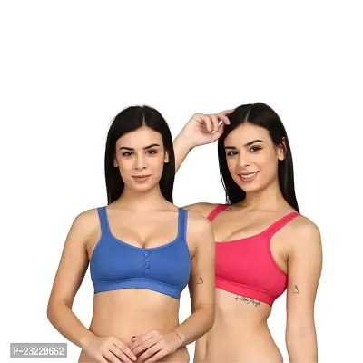 SheBAE Cotton Multicolour Sports Bra Combo for Girls  Women Non-Padded Wire Free (Pack of 2, Cup Size B) (34, Blue+Pink)-thumb0