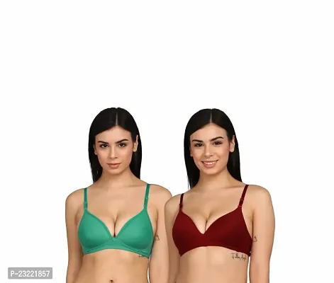 ShrBAE Women's Cotton Padded Wire Free Everyday Bra Combo Pack of 2 (32B, Green+Maroon)