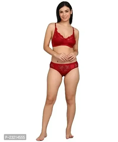 Fassavy Women's Cotton Hosiery Bra Panty Set, Lingerie Set for Women Net Bra Panty Set for Women Lingerie (Maroon)