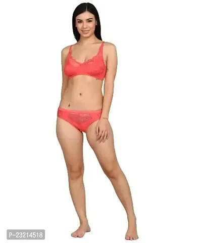 Fassavy Women's Cotton Hosiery Bra Panty Set, Lingerie Set for Women Net Bra Panty Set for Women Lingerie (Peach)-thumb0