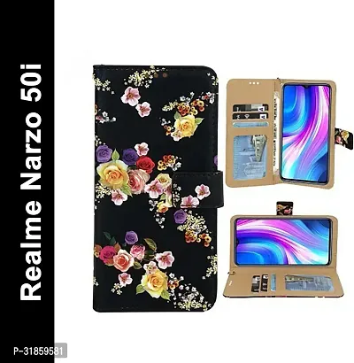 Rahishi Flip Cover Compatible for Realme narzo 50i Rose Black Flip  Wallet Case Cover Back Cover Soft Silicon Tpu Flip Cover Rose Black-thumb0