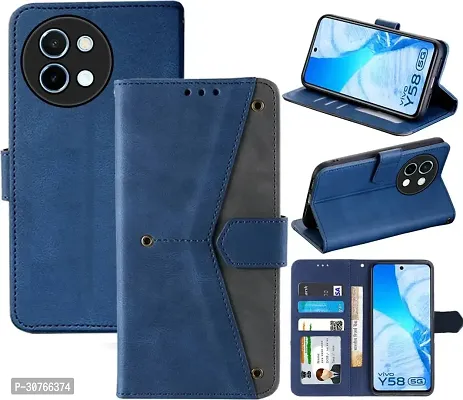 Rahishi Artificial Leather Flip Cover Compatible for Vivo Y38 5G vivo Y58 5G CPH2665 Designed Blue-thumb0