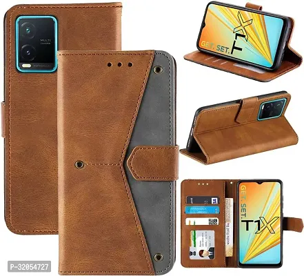 Vivo T1x Flip Cover Rahishi Flip Cover Compatible for Vivo T1x Executive Brown, Magnetic Closure