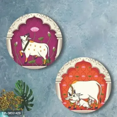 Round Shaped Pichwai Cow Religious Mdf Wall Painting For Living Room And Bedroom Pack Of 2