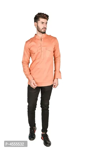 Stylish Orange Cotton Blend Solid Short Length Kurta For Men