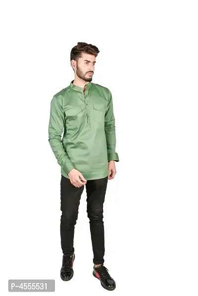 Stylish Green Cotton Blend Solid Short Length Kurta For Men