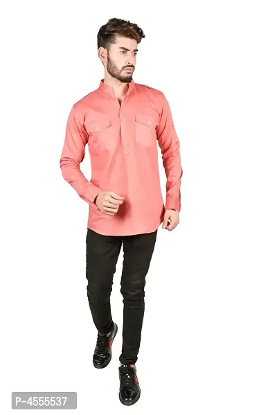 Stylish Pink Cotton Blend Solid Short Length Kurta For Men