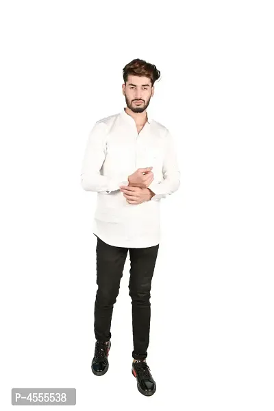 Stylish White Cotton Blend Solid Short Length Kurta For Men