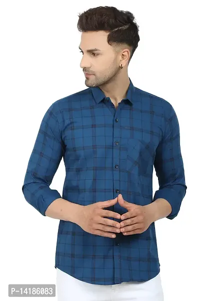STYLISH ROYAL BLUE COTTON BLEND CHECKED LONG SLEEVES CASUAL SHIRTS FOR MEN