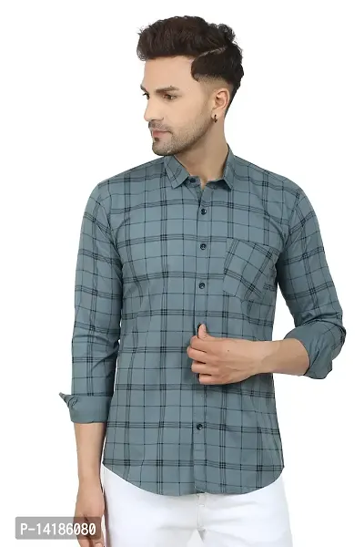 STYLISH GREY COTTON BLEND CHECKED LONG SLEEVES CASUAL SHIRTS FOR MEN