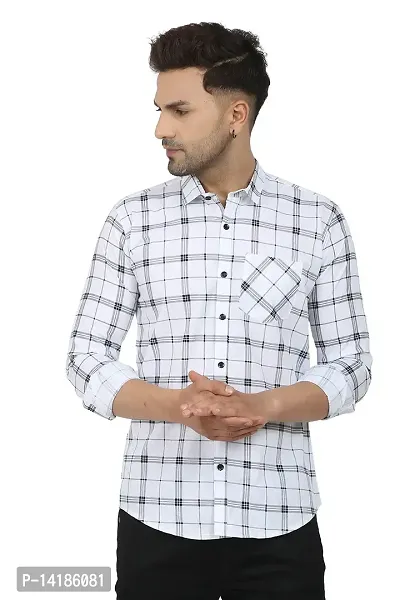 STYLISH WHITE COTTON BLEND CHECKED LONG SLEEVES CASUAL SHIRTS FOR MEN