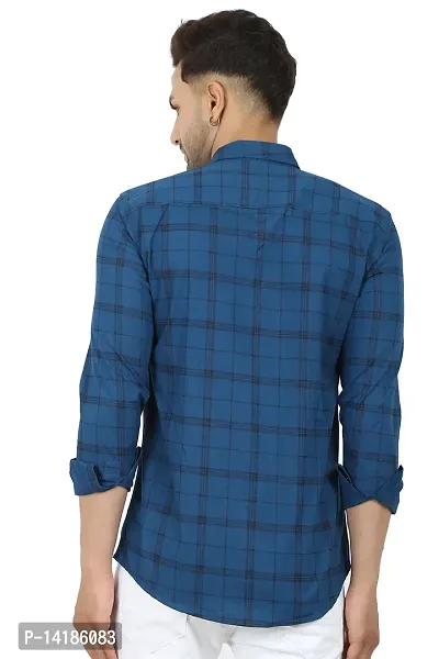 STYLISH ROYAL BLUE COTTON BLEND CHECKED LONG SLEEVES CASUAL SHIRTS FOR MEN-thumb2