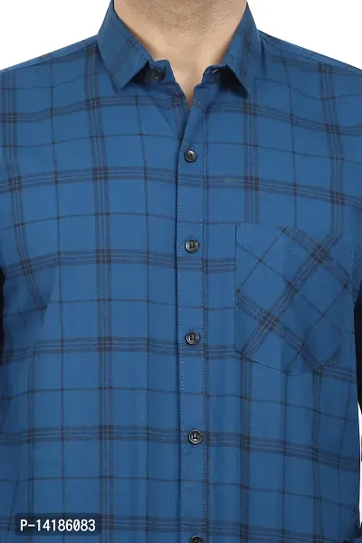 STYLISH ROYAL BLUE COTTON BLEND CHECKED LONG SLEEVES CASUAL SHIRTS FOR MEN-thumb5