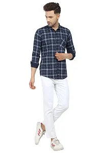Navy Blue Cotton Blend Checked Casual Shirts For Men-thumb2