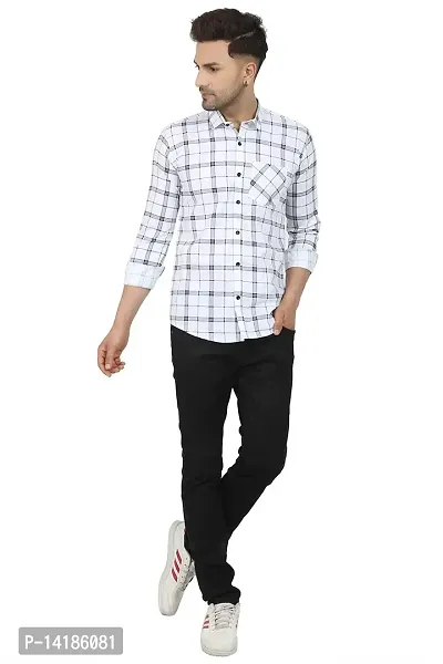 STYLISH WHITE COTTON BLEND CHECKED LONG SLEEVES CASUAL SHIRTS FOR MEN-thumb3