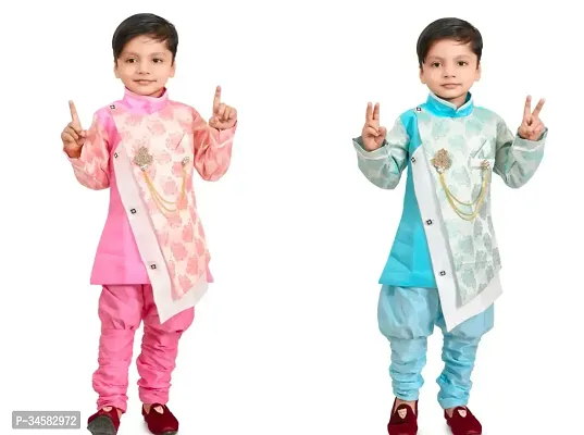 Stylish Multicoloured Cotton Blend Self Pattern Sherwani With Pyjama For Boys Pack Of 2-thumb0