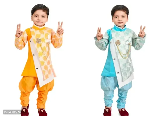 Stylish Multicoloured Cotton Blend Self Pattern Sherwani With Pyjama For Boys Pack Of 2-thumb0