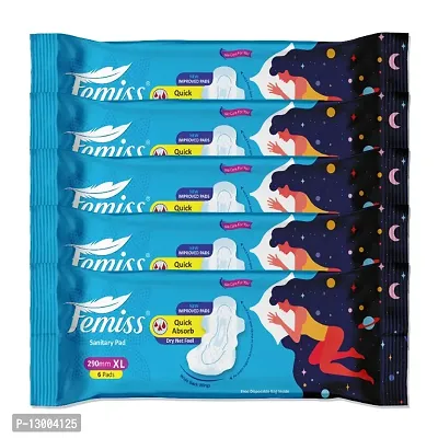 Femiss Extra Absorb Overnight Sanitary Pad For Women|Size-XL-30 Pads|Pack-5 -Each 6Pcs Sanitary Pad