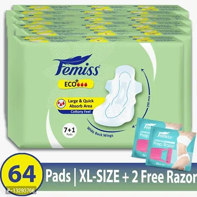Femiss Eco+ Extra Absorb Overnight Sanitary Pad for Women |Size - XL || Pack of 8 | Total 64 pads | Each 8 pcs of Sanitary Pads-thumb0
