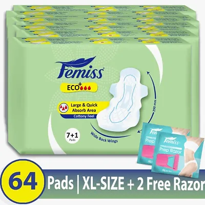 Femiss Eco+ Extra Absorb Overnight Sanitary Pad for Women |Size - XL || Pack of 8 | Total 64 pads | Each 8 pcs of Sanitary Pads