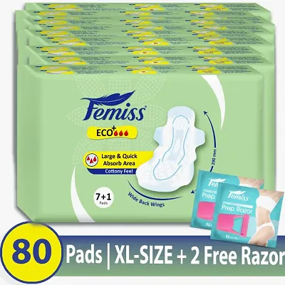 Femiss Eco+ Extra Absorb Overnight Sanitary Pad for Women |Size - XL || Pack of 10 | Total 80 pads | Each 8 pcs of Sanitary Pads