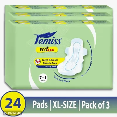 Femiss Eco+ Extra Absorb Overnight Sanitary Pad for Women |Size - XL || Pack of 3 | Total 24 pads | Each 8 pcs of Sanitary Pads