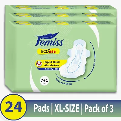 Femiss Eco+ Extra Absorb Overnight Sanitary Pad for Women |Size - XL || Pack of 3 | Total 24 pads | Each 8 pcs of Sanitary Pads