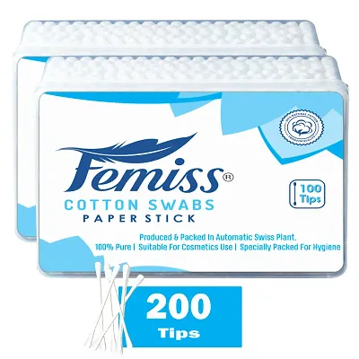 Femiss Beauty Care Cotton Ear Buds/ Swabs Box of 100 Paper Sticks (pack of 2)