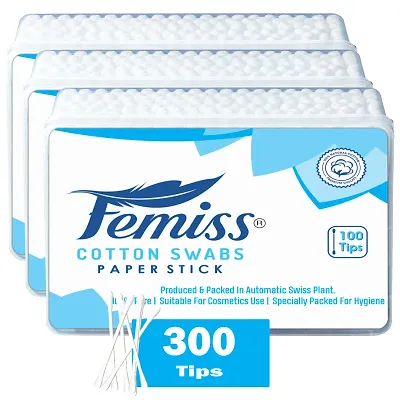 Femiss Beauty Care Cotton Ear Buds/  Swabs Box of 100 Paper Sticks (pack of 3)
