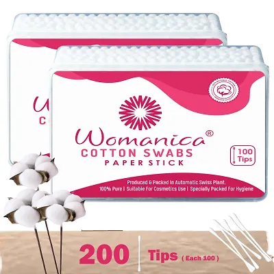 Womanica Cotton Ear Buds/ Swabs Box of 100 Paper Sticks (pack of 2)