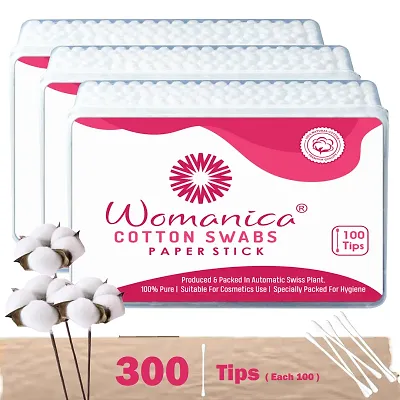 Womanica Cotton Ear Buds/ Swabs Box of 100 Paper Sticks (pack of 3)