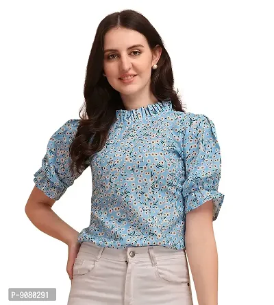 Wedani Women's Casual Floral Top with Short Puffed Sleeves Western Ruffled Collar-thumb0