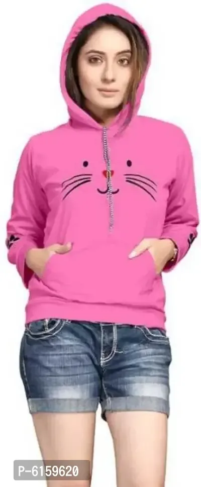 Cat Print Full Sleeve Pink Sweatshirt Hoodies For Women-thumb0
