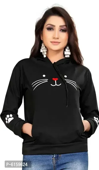 Cat Print Full Sleeve Black Sweatshirt Hoodies For Women-thumb0