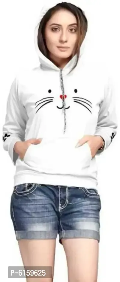 Cat Print Full Sleeve White Sweatshirt Hoodies For Women-thumb0