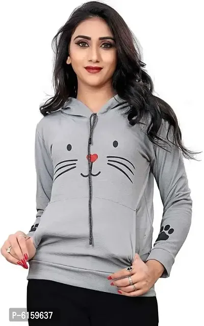 Cat Print Full Sleeve Grey Sweatshirt Hoodies For Women