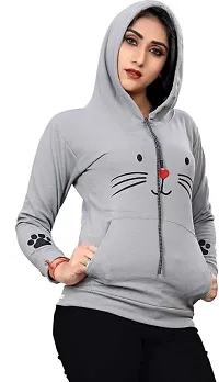 Cat Print Full Sleeve Grey Sweatshirt Hoodies For Women-thumb1
