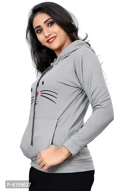Cat Print Full Sleeve Grey Sweatshirt Hoodies For Women-thumb3