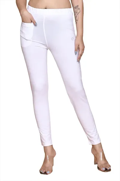 Elegant White Cotton Blend Solid Trousers For Women