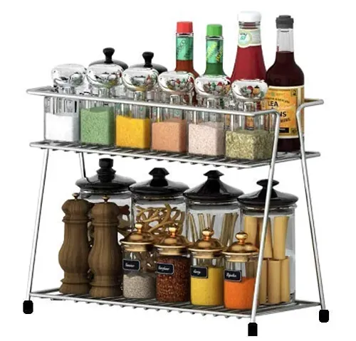 Stainless Steel Spice 2-Tier Trolley Container Organizer Organiser/Basket for Boxes Utensils Dishes Plates for Home (Multipurpose Kitchen Storage Shelf Shelves Holder Stand Rack)