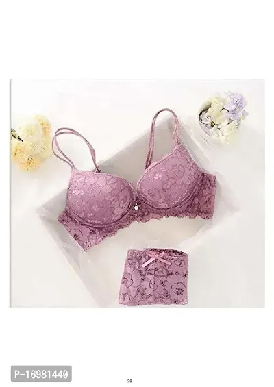 Classic Pink Lace Bra Panty Set For Women-thumb0